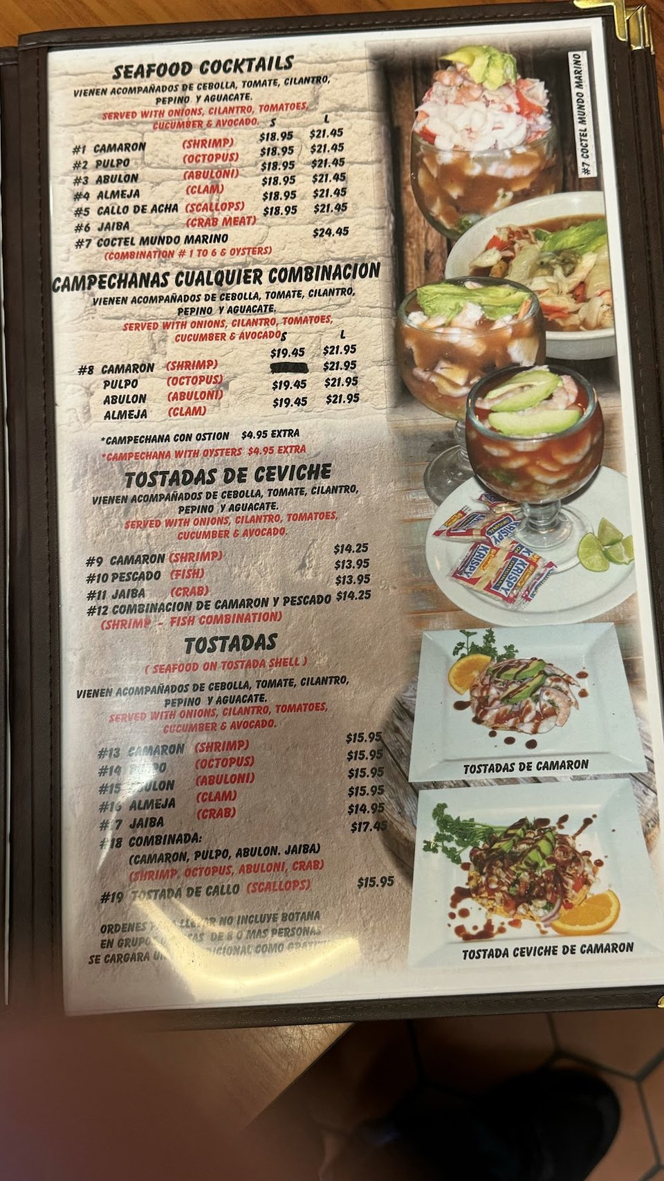 Spanish and English menu for seafood plates