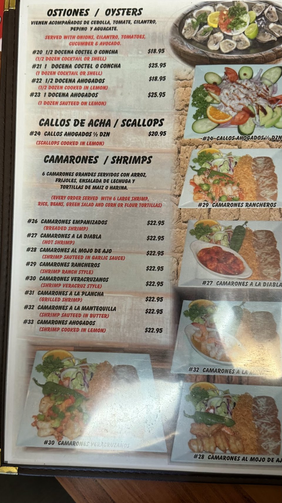 Restaurant menu with tacos and Mexican plates