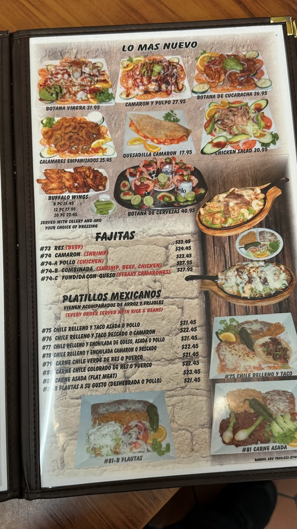 Printed menu with seafood combination sections